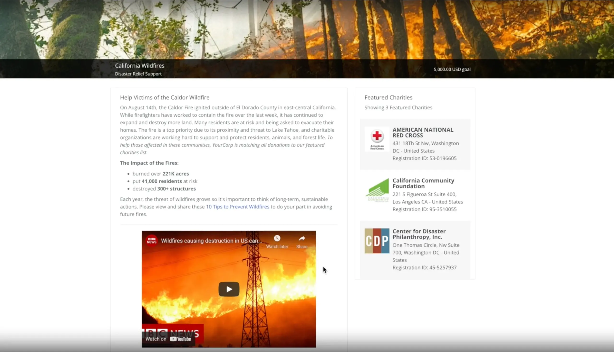 California wildfire website page screenshot