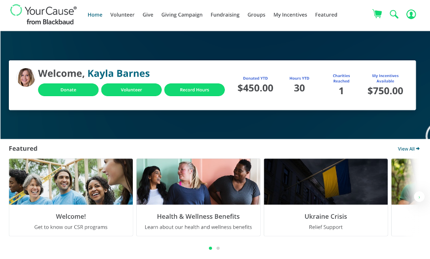 YourCause website dashboard screenshot