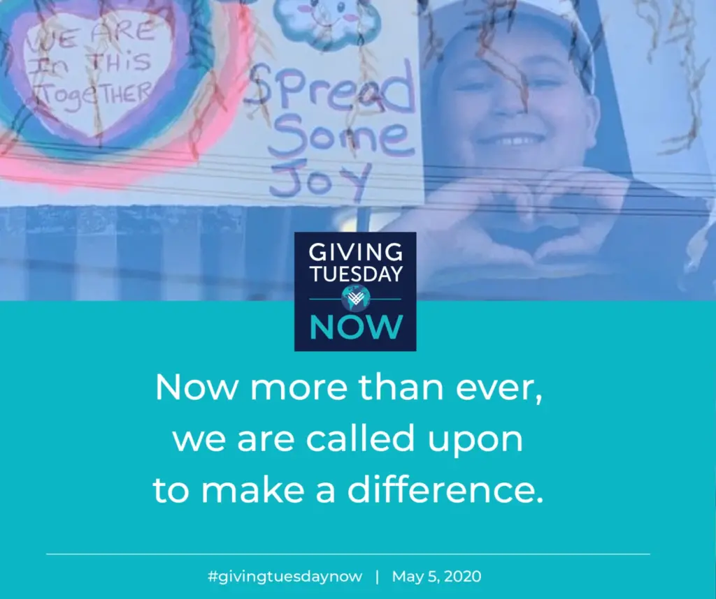 giving Tuesday Now with a boy holding his hands up to make a heart