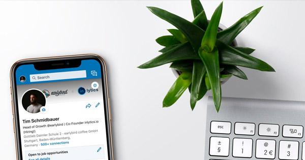 a phone with linkedin profile for Tim Schmidbauer's profile open next to a plant and Apply keyboard