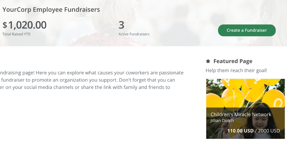 YourCorp employee fundraisers screenshot example